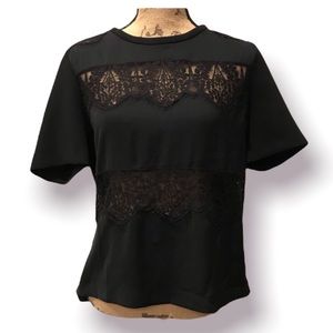 Claudie Pierlot Black Lace Inset Short Sleeve Boxy Top